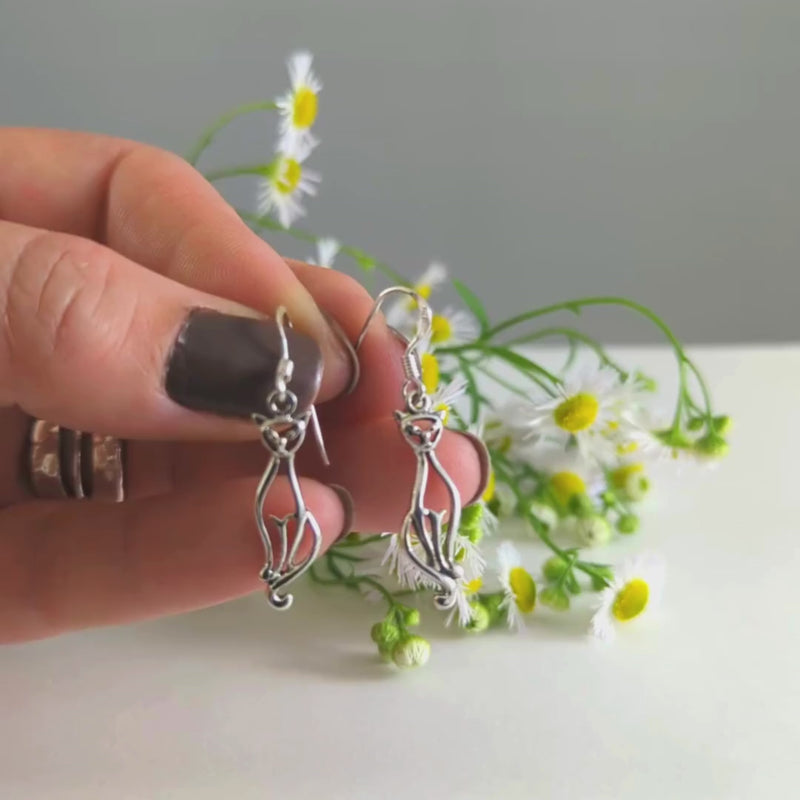 Load and play video in Gallery viewer, Sleek Cat Earrings in Sterling Silver
