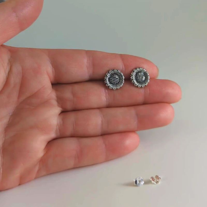 Load and play video in Gallery viewer, Sunflower Stud Earrings in Sterling Silver
