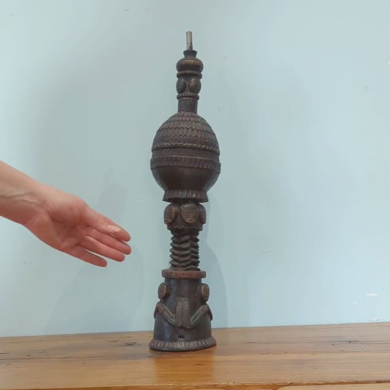 Load and play video in Gallery viewer, Carved Wood Oil Lamp | Vintage from Nepal
