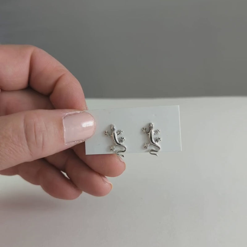 Load and play video in Gallery viewer, Sleek Gecko Stud Earrings in Sterling Silver
