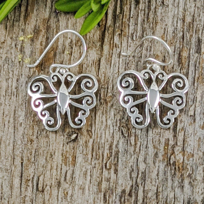 Load image into Gallery viewer, Butterfly with Curly Wings Earrings in Sterling Silver
