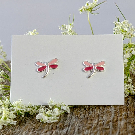 Pink Dragonfly Stud Earrings in Sterling Silver
