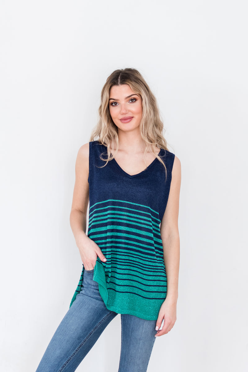 Load image into Gallery viewer, Stripy Sleeveless V-neck Tunic Top in Navy/Emerald (S-XL)
