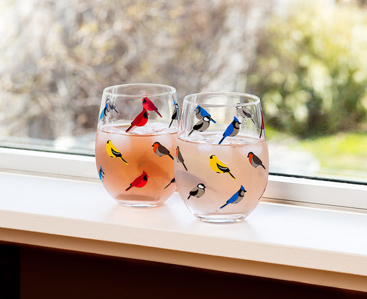 Multi Bird Stemless Wine Glass