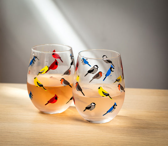 Multi Bird Stemless Wine Glass