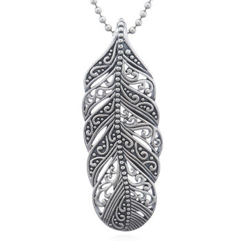 Intricate Feather Pendant, Sterling Silver