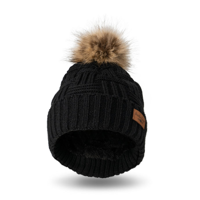 Knit Basket Weave Pom Hat in Black