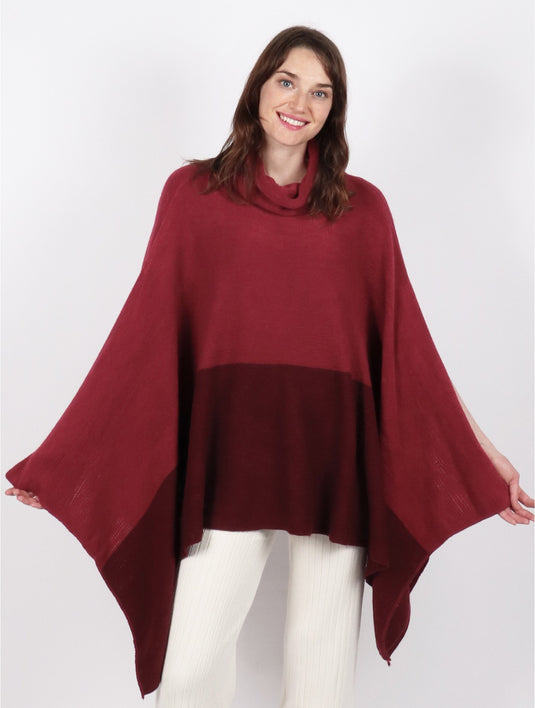 Turtle Neck Side Slit Poncho in Cranberry