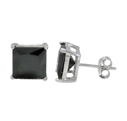 Small Square Cut Black Cubic Zirconia Stud Earrings, Sterling Silver