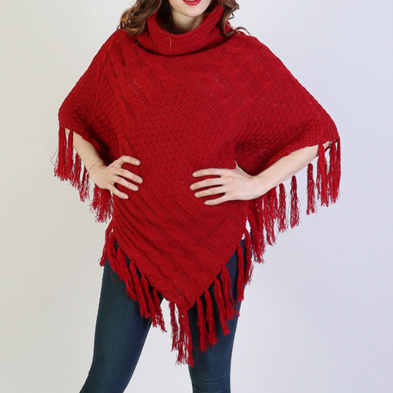 Cable Knit Poncho in Cranberry