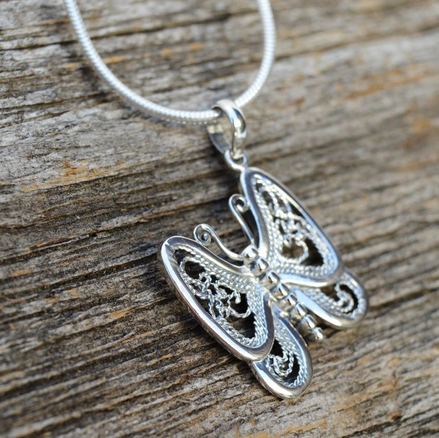 Load image into Gallery viewer, Butterfly with Filigree Wings Pendant, Sterling Silver

