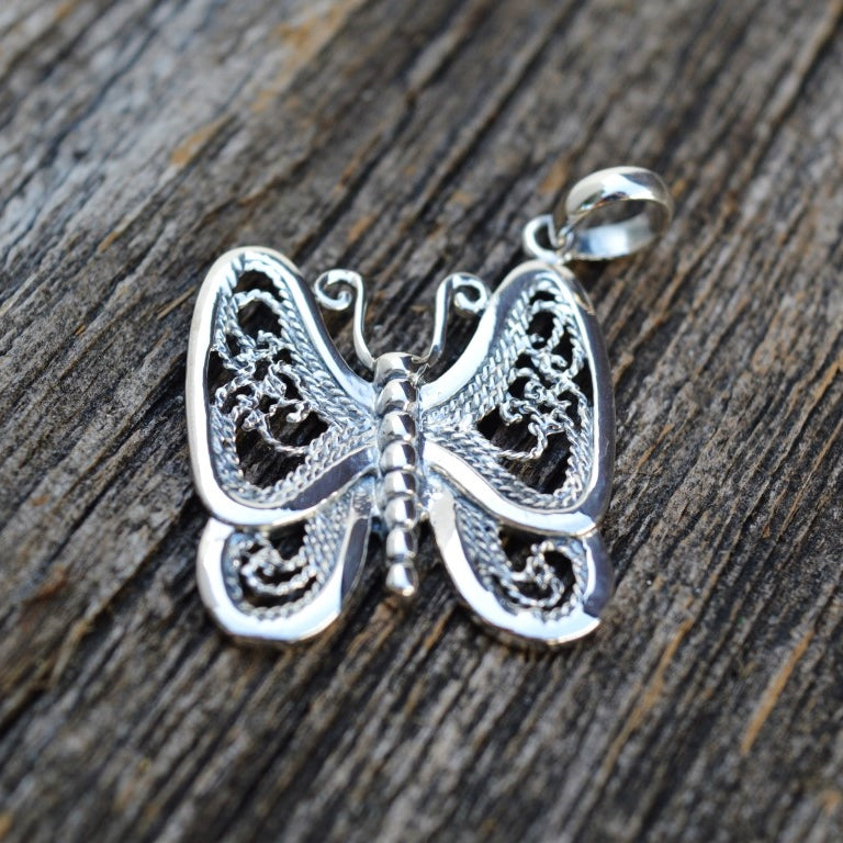 Load image into Gallery viewer, Butterfly with Filigree Wings Pendant, Sterling Silver
