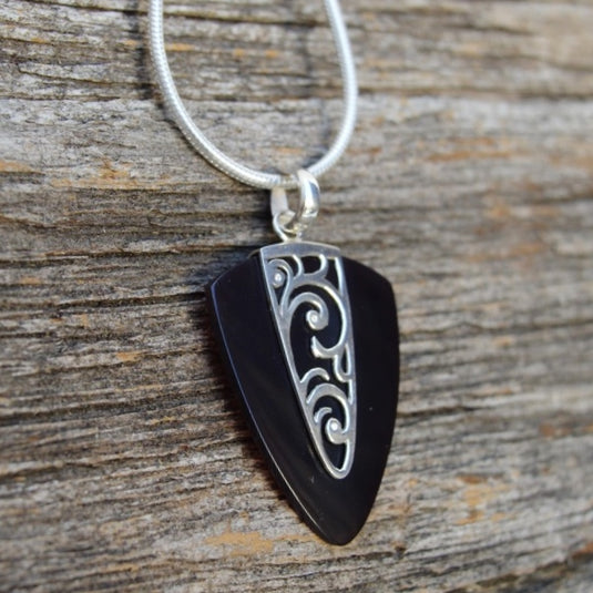 Black Shell Pendant w Sterling Silver Waves