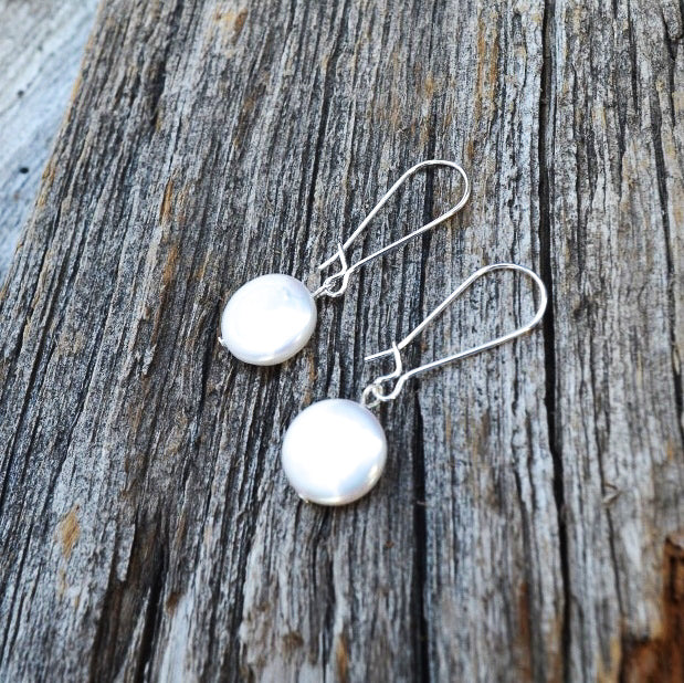 Load image into Gallery viewer, Cultured Pearl Earrings on long Sterling Silver Hooks
