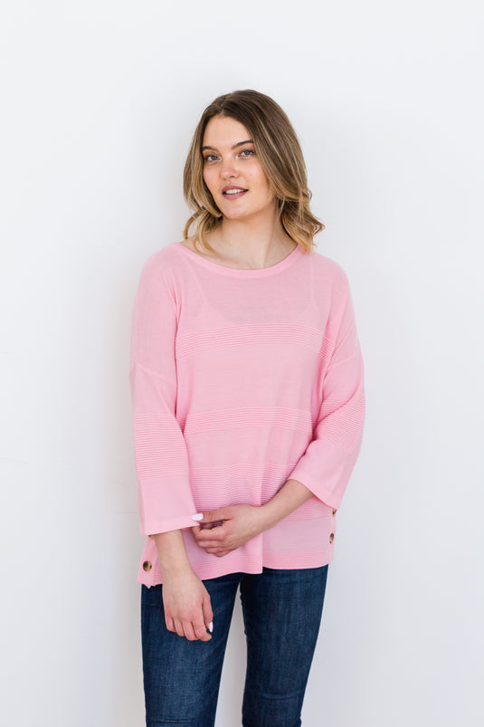 Ribbed Pullover with Button Detail in Pink (S-XL)