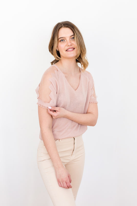 Short Sleeve Top with Crocheted Shoulder Detail in Blush (S-XL)
