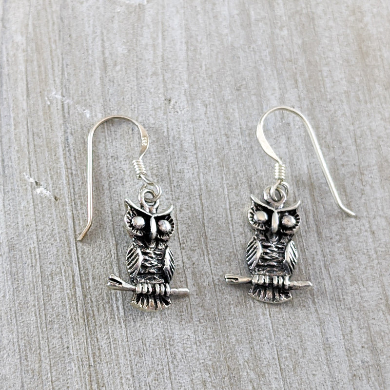 Load image into Gallery viewer, Owl on Branch Earrings, Sterling Silver
