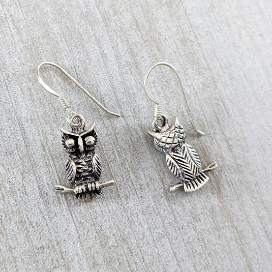 Owl on Branch Earrings, Sterling Silver