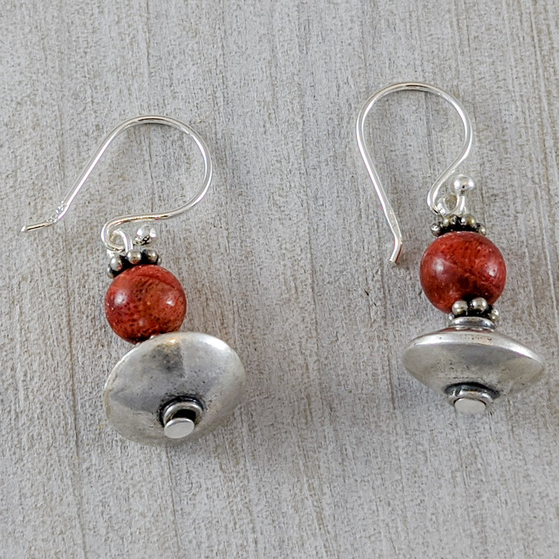 Load image into Gallery viewer, Red Coral &amp; Sterling Silver Bead Earrings
