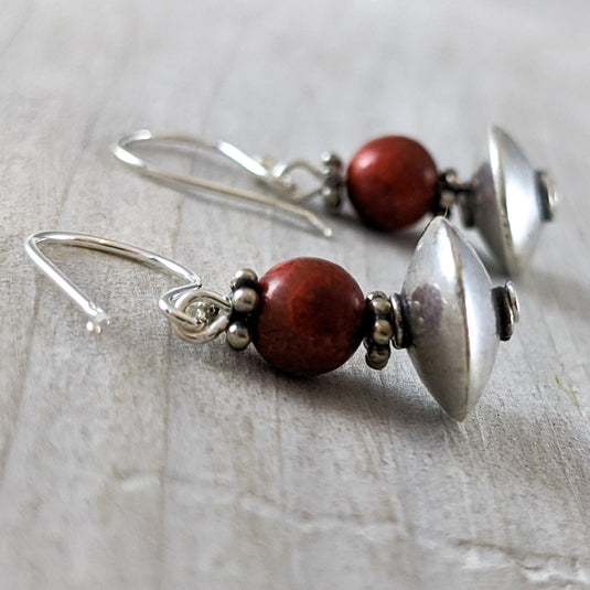 Red Coral & Sterling Silver Bead Earrings