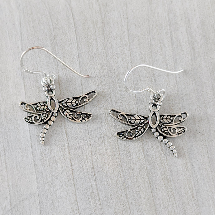 Dragonfly Earrings with Unique Wings in Sterling Silver