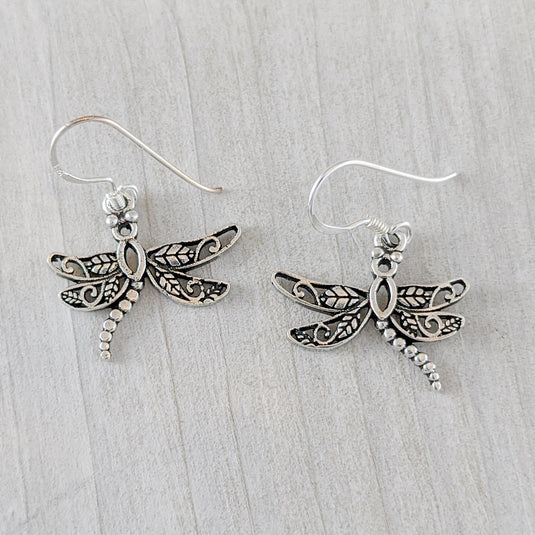 Dragonfly Earrings with Unique Wings, Sterling Silver