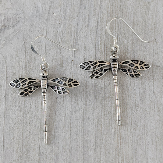 Dragonfly Earrings, Antique Look (Large) in Sterling Silver