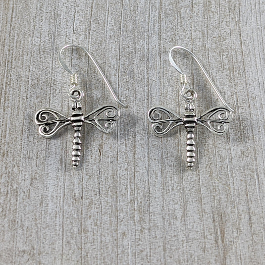 Dragonfly Earrings with Swirl Wings, Sterling Silver