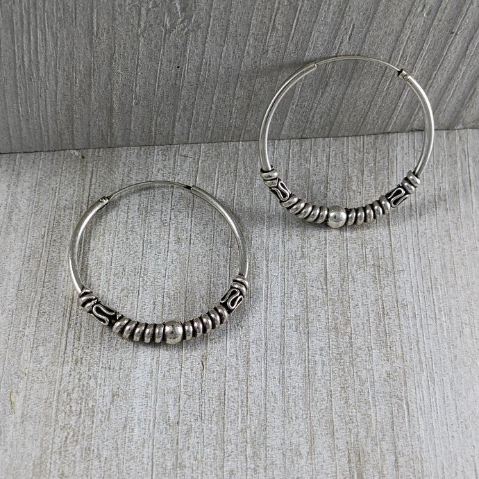 Medium Hoop Earrings with Roping & Ball in Sterling Silver