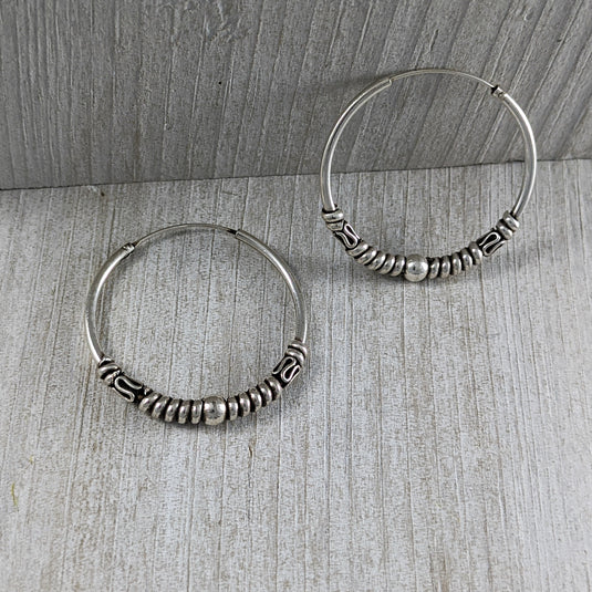 Medium Hoop Earrings with Roping & Ball, Sterling Silver
