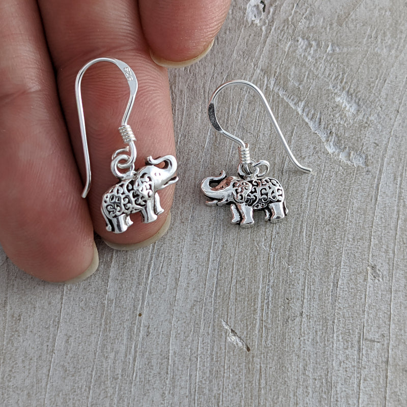 Load image into Gallery viewer, Elephant with Filigree Backs Earrings, Sterling Silver

