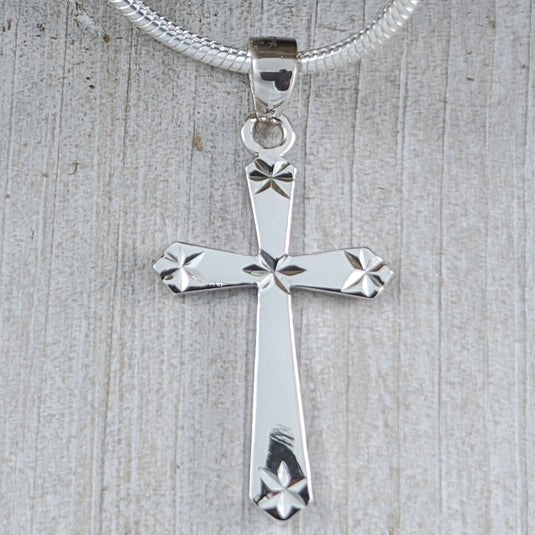 Cross Pendant with Diamond Cut Accents, Sterling Silver