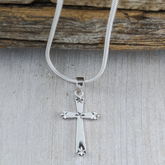 Cross Pendant with Diamond Cut Accents, Sterling Silver