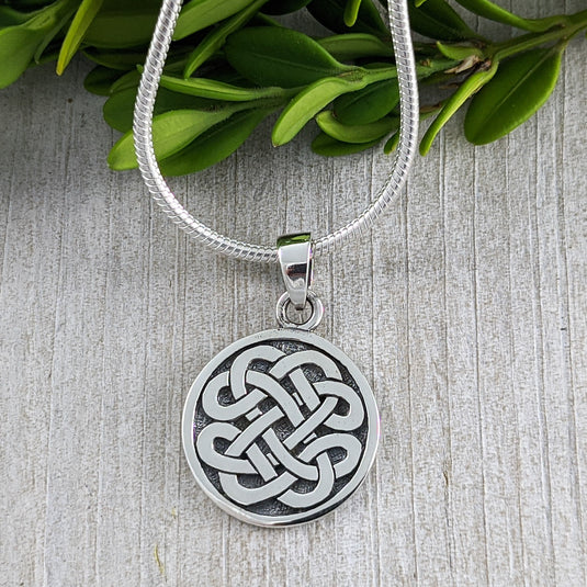 Disc with Never Ending Knot Pendant, Sterling Silver