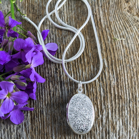 Etched Sunflowers Locket, Sterling Silver