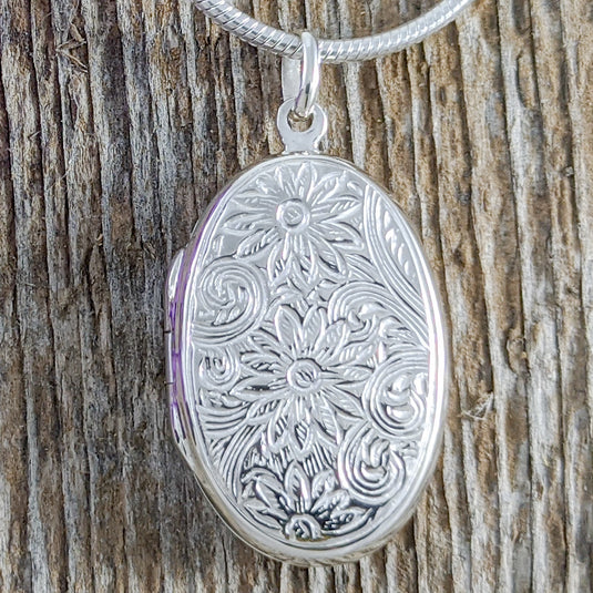 Etched Sunflowers Locket, Sterling Silver