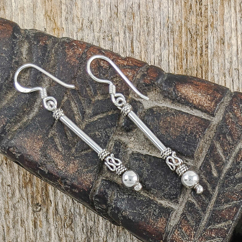 Load image into Gallery viewer, Long Bali Bead Stick Earrings in Sterling Silver
