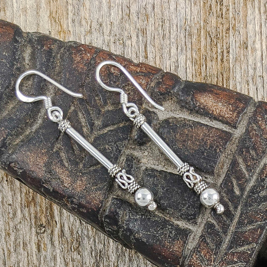 Long Bali Bead Stick Earrings in Sterling Silver
