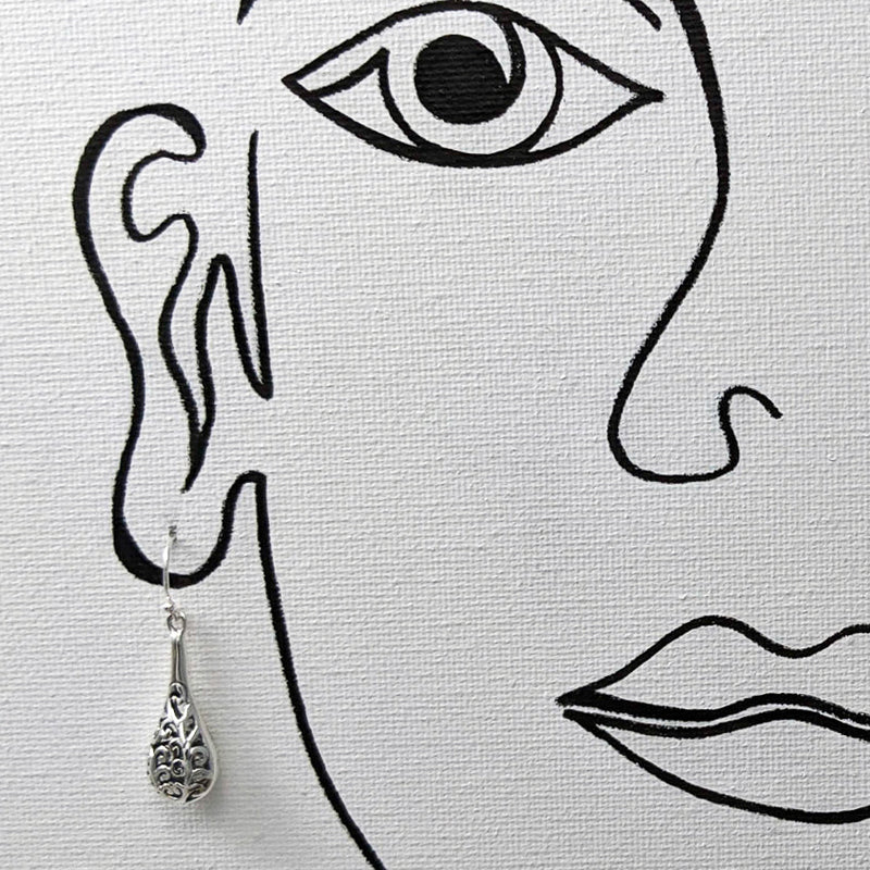 Load image into Gallery viewer, Detailed Filigree Teardrop Earrings, Sterling Silver

