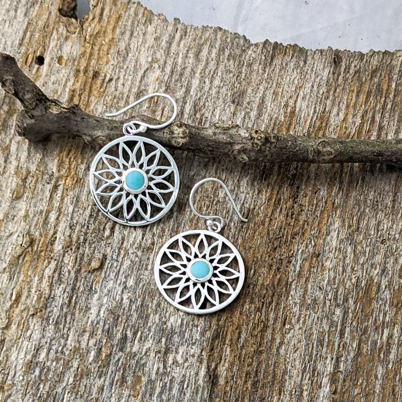 Load image into Gallery viewer, Flower with Turquoise Centre Earrings, Sterling Silver
