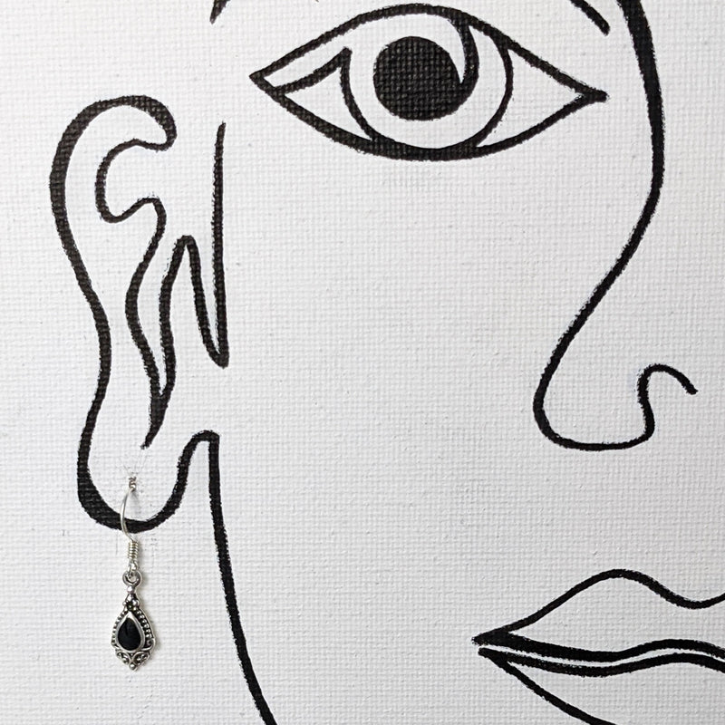 Load image into Gallery viewer, Dainty Antique-look Black Onyx Earrings, Sterling Silver

