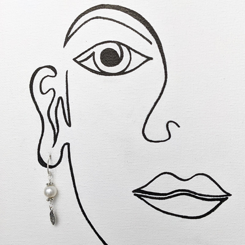 Load image into Gallery viewer, Cultured Pearl with Small feather Earrings, Sterling Silver
