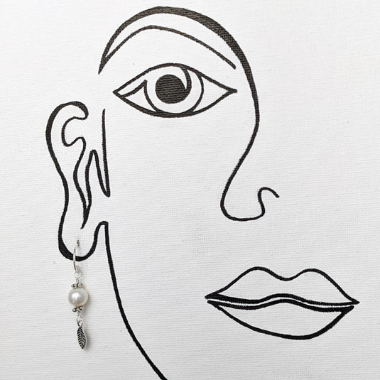 Cultured Pearl with Small feather Earrings in Sterling Silver