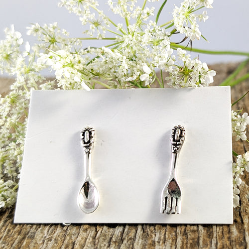 Fork & Spoon Stud Earrings, Sterling Silver