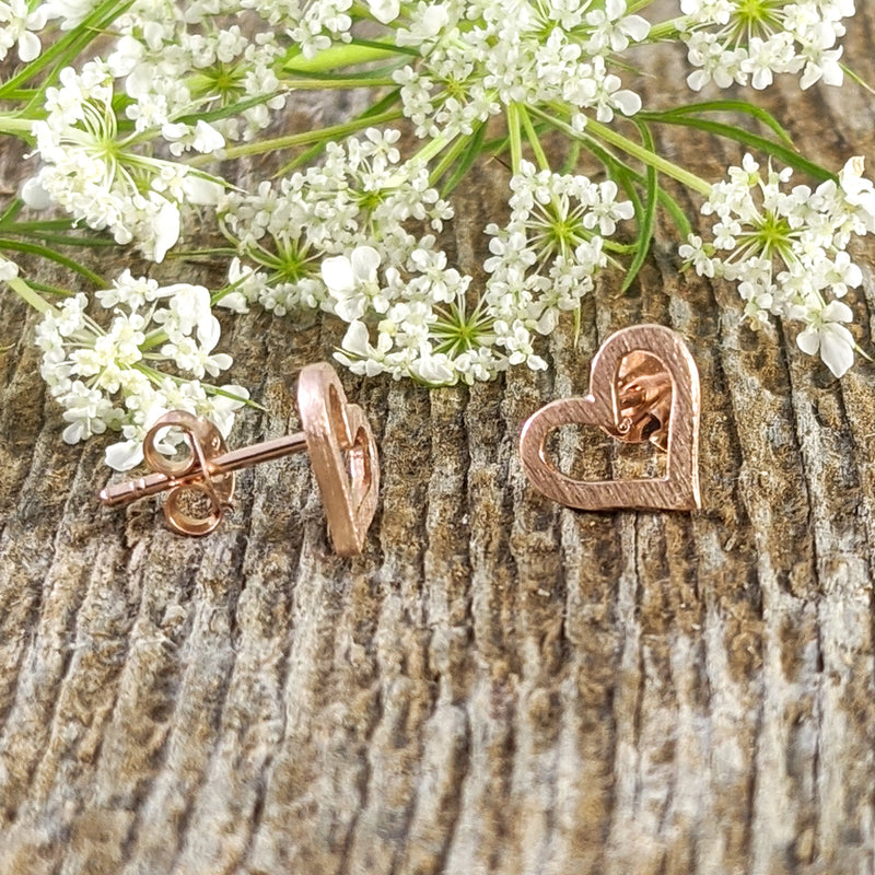 Load image into Gallery viewer, Brushed Heart Stud Earrings, Rose Gold plated Sterling Silver
