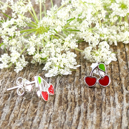 Red Cherries Stud Earrings, Sterling Silver