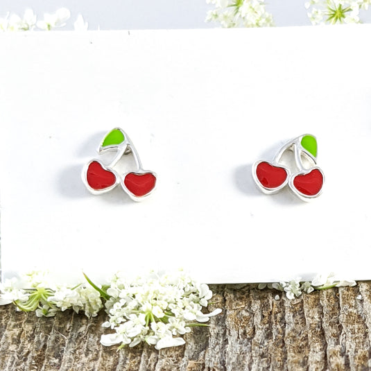 Red Cherries Stud Earrings, Sterling Silver