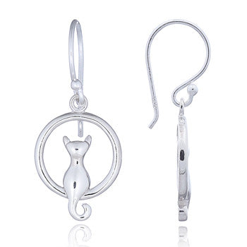 Load image into Gallery viewer, Full Moon Cat Earrings, Sterling Silver
