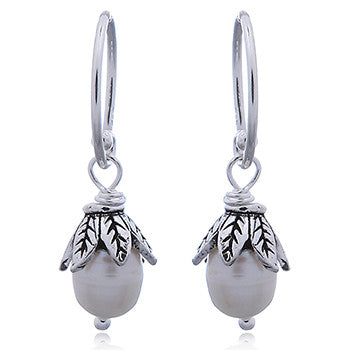 Pearls with Silver Leaves Earrings, Sterling Silver