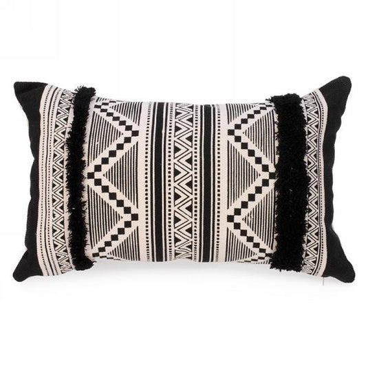Geometric Black and White Cushion with Tufted Accents
